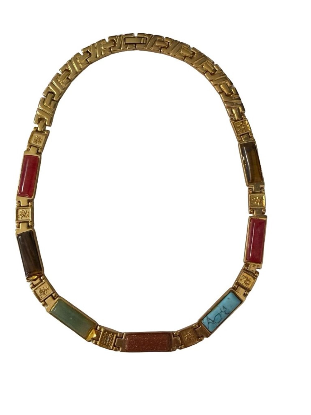 Vintage Chinese Good Fortune Necklace Multicolor Stone Look Gold Tone 16 Inch
